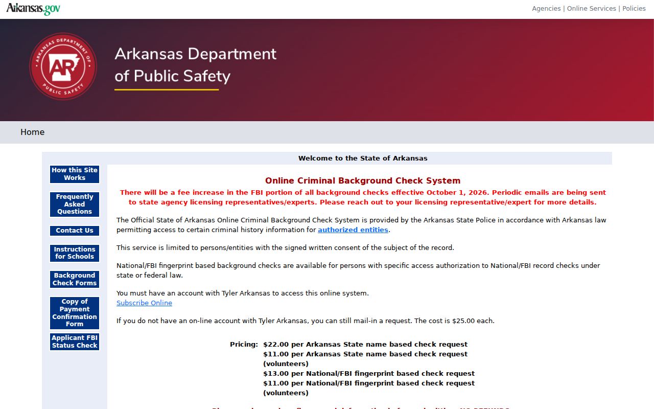 Nevada County criminal history search through the Arkansas repository portal