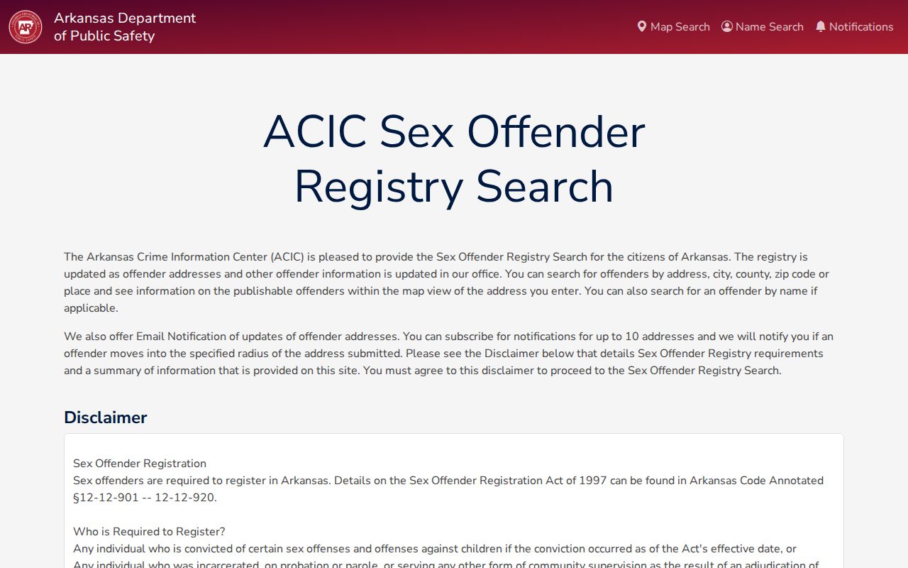 Arkansas Sex Offender Registry public search interface